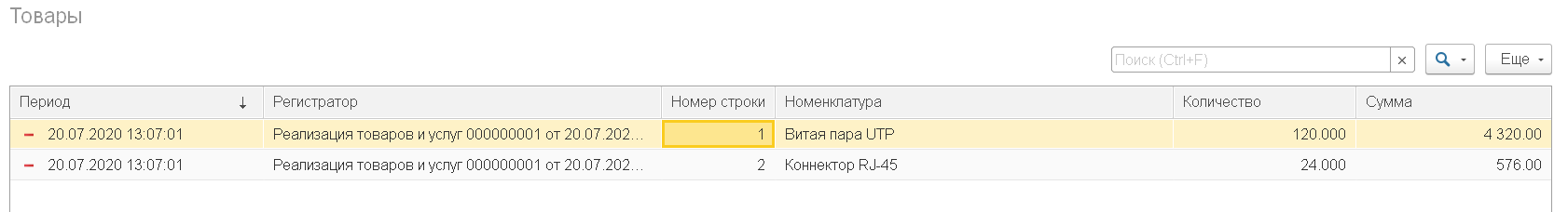 Движения документа РеализацияТоваровИУслуг по регистру Товары