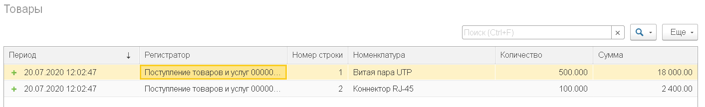 Движения документа ПоступлениеТоваровИУслуг по регистру Товары