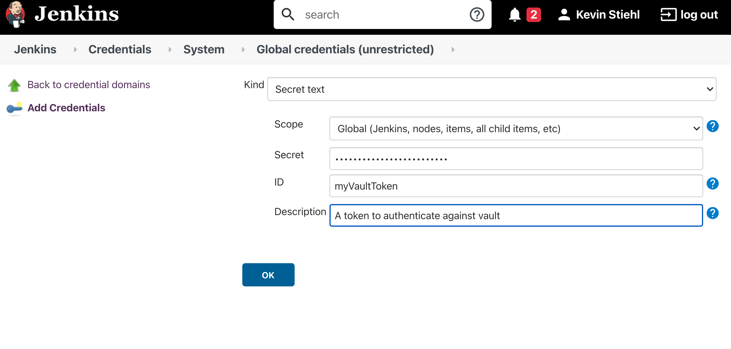 Create a Jenkins secret text credential